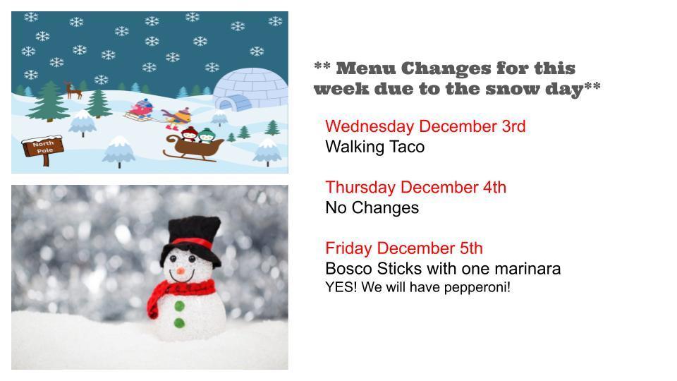 Menu  changes for this week