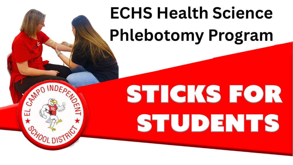 Kacer being stuck by a student with th banner "sticks for students" by the ECHS health science phlebotomy program