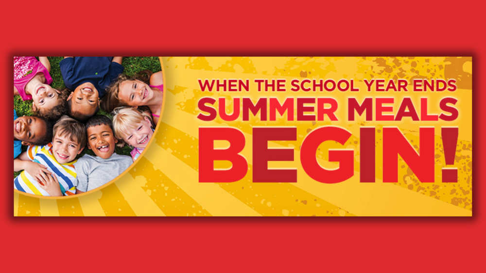 Promotional graphic for a summer meals program, featuring happy children and the text, "When the school year ends, summer meals begin!"