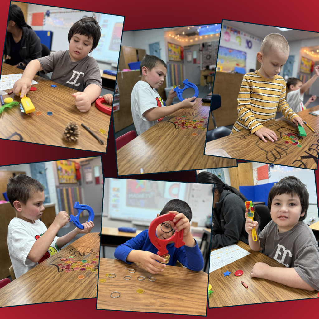 collage of pictures of students using magnets with metal and nonmetal items