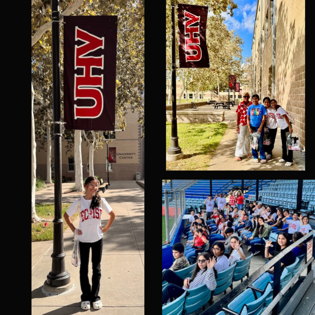 kids in the baseball stands and by the UHV flag