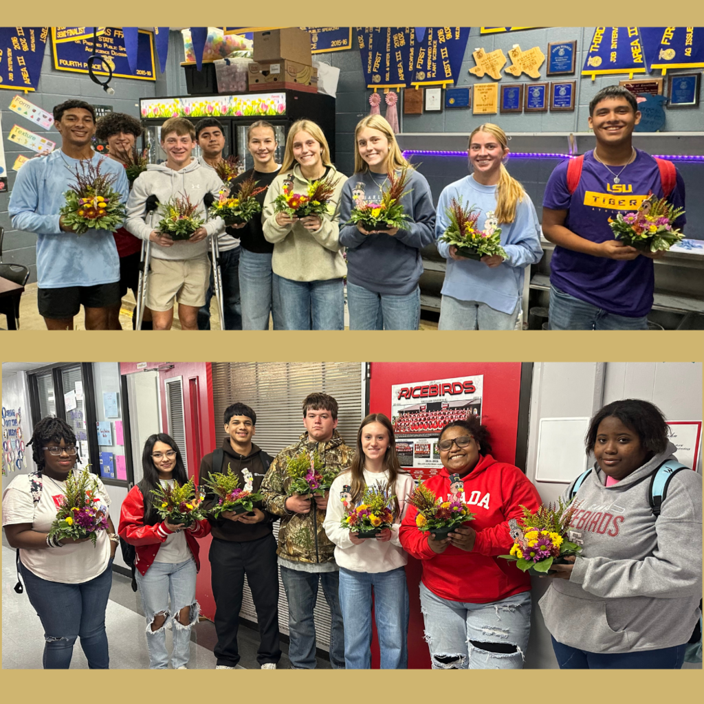 groups of students holding their floral arrangement