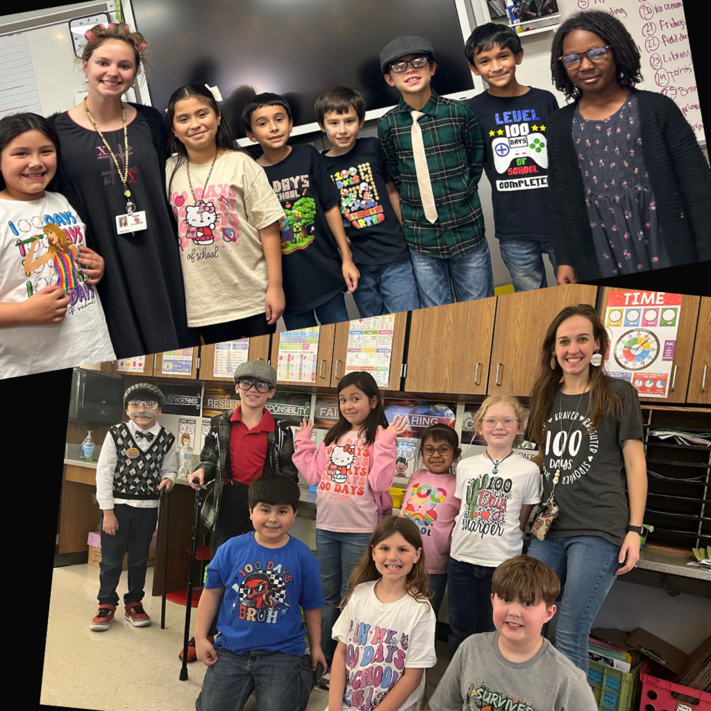 students and teachers dressed up as "old" people or wearing a 100 days shirt