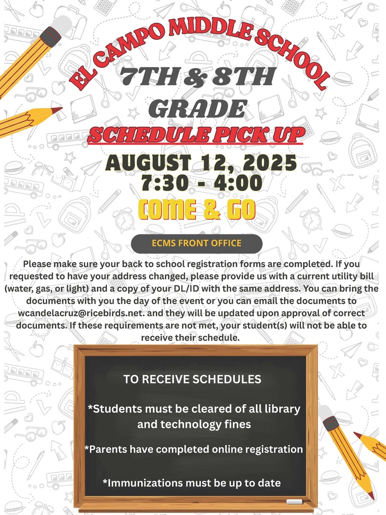pick up schedule anytime from 7:30-4:00 on august 12th