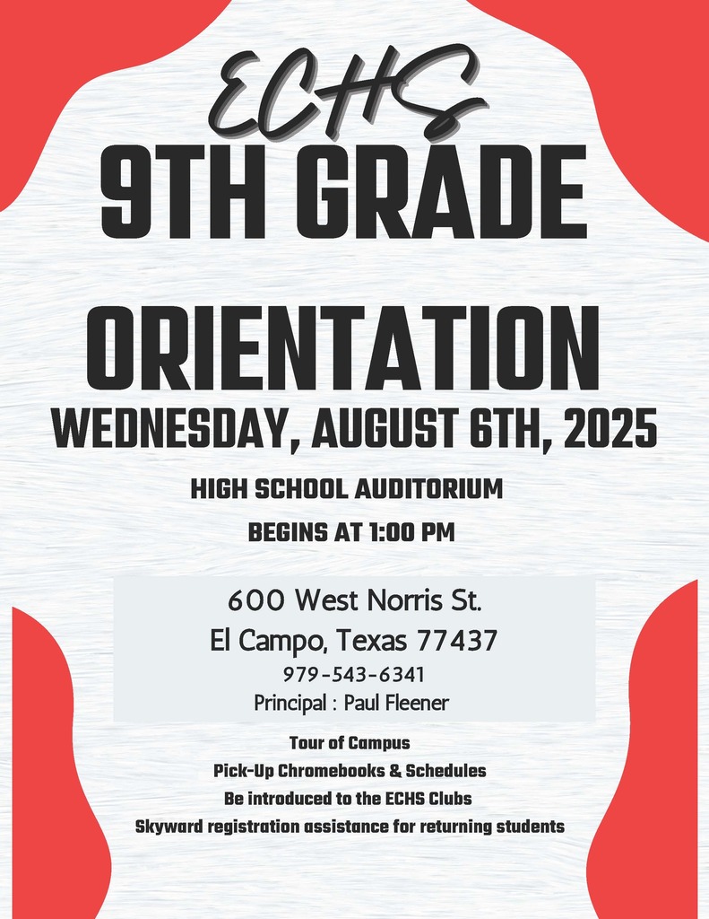 9th Grade Orientation august 6 in the high school auditorium from 1-4