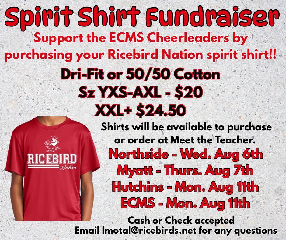 sample of shirt and sizes available and where the cheerleaders will be selling