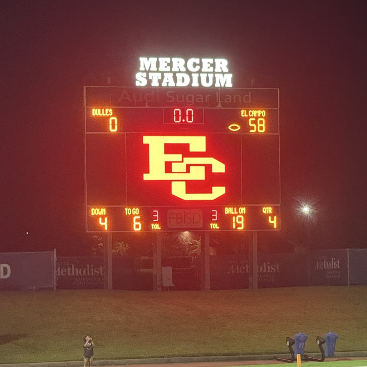 scoreboard that says El Campo 58 Dulles, zero