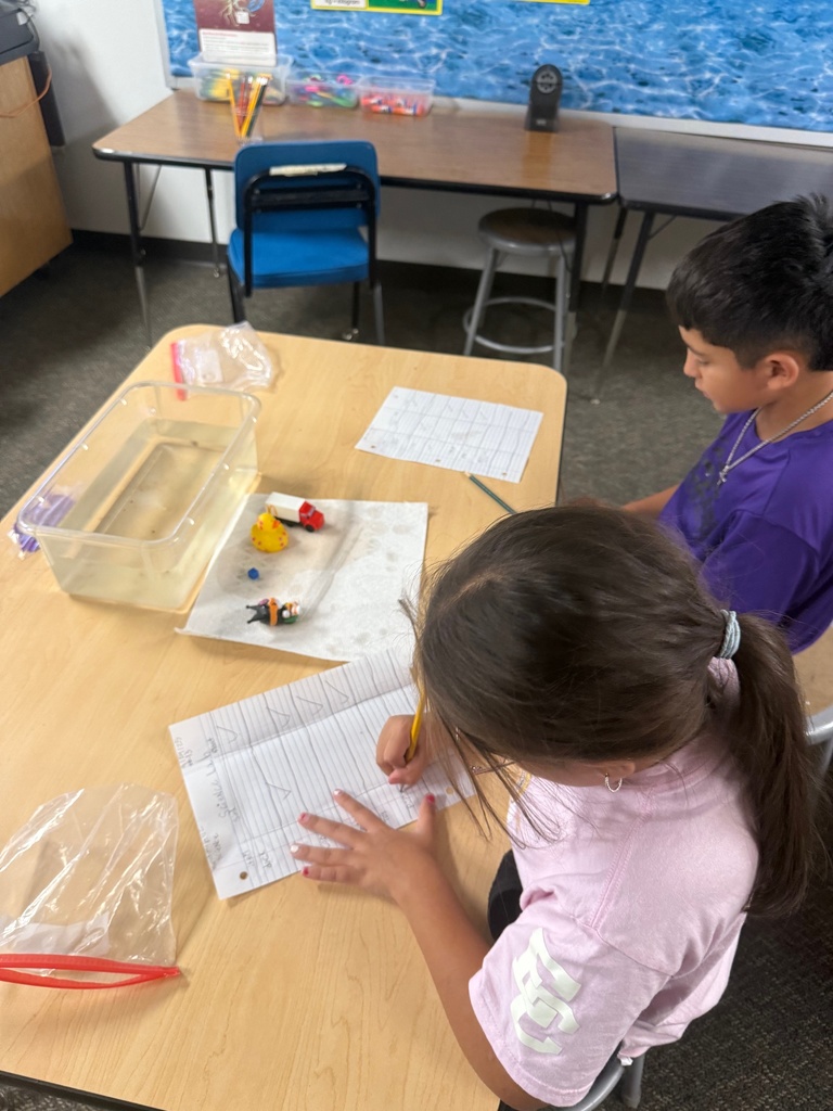 kids observing and taking notes about objects in container of water