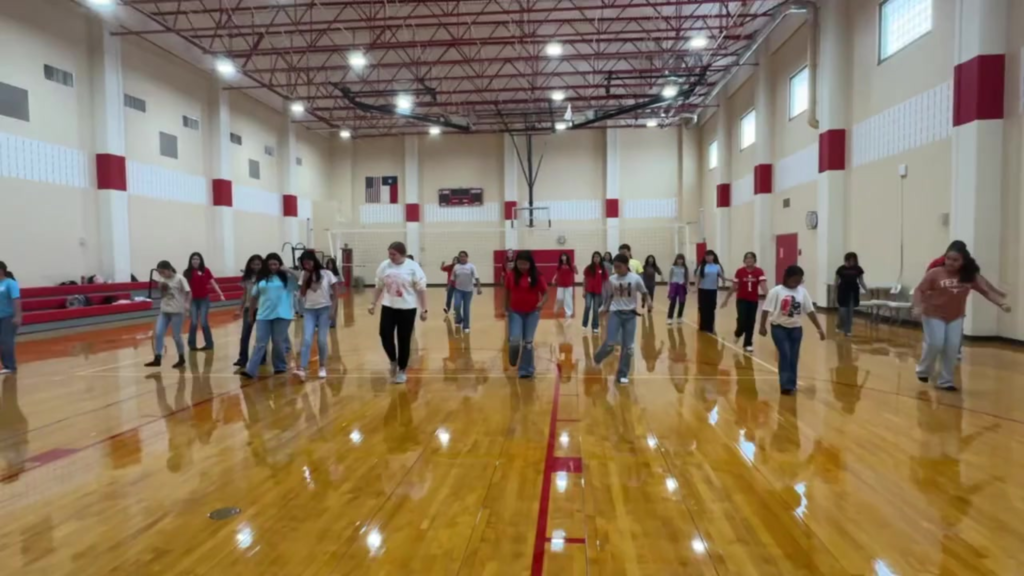 kids in lines dancing in gym