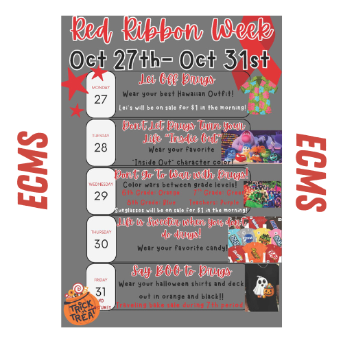 list of daily dress up themes at ECMS for red ribbon week