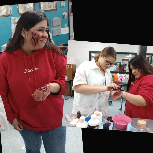 student showing off her fake cut on her face and hand