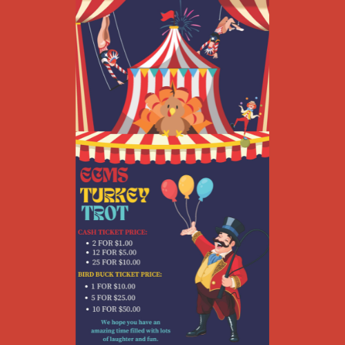 turkey trot ticket prices with a circus and turkey themed background