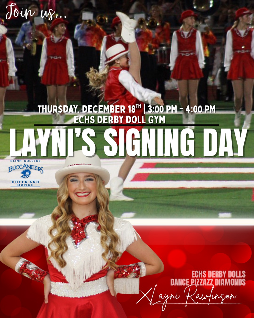 layni in her derby doll uniform and on the football field with a high kick on a flyer announcing her signing day