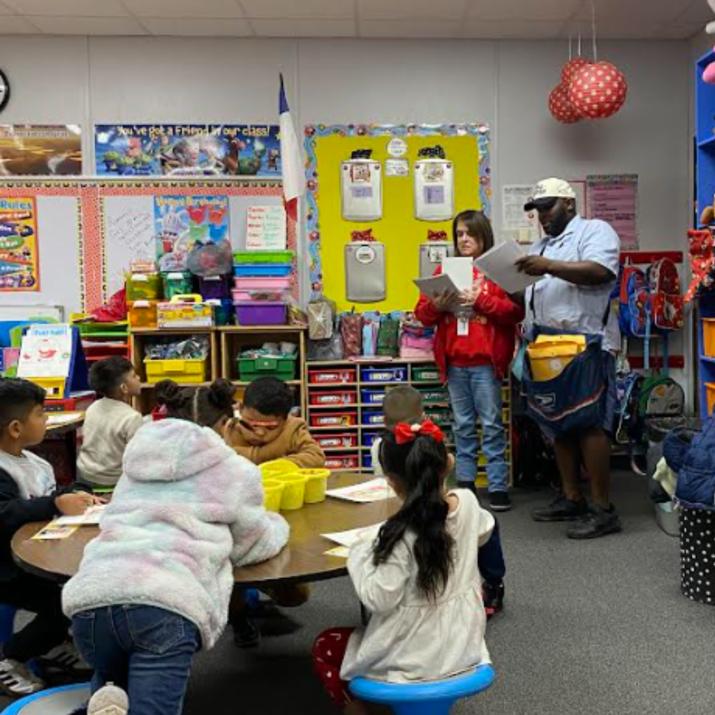 mailman and teacher sorting through papers