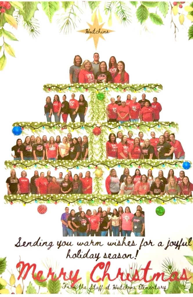 holiday card with staff in the shape of a christmas tree - sending you warm wishes for a joyful holiday season! Merry Christmas from Hutchins