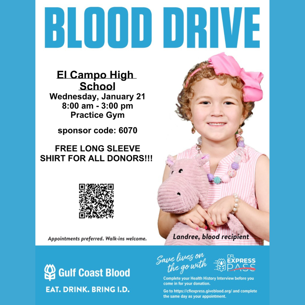 blood drive flyer with event information and QR code to scan to get registered.