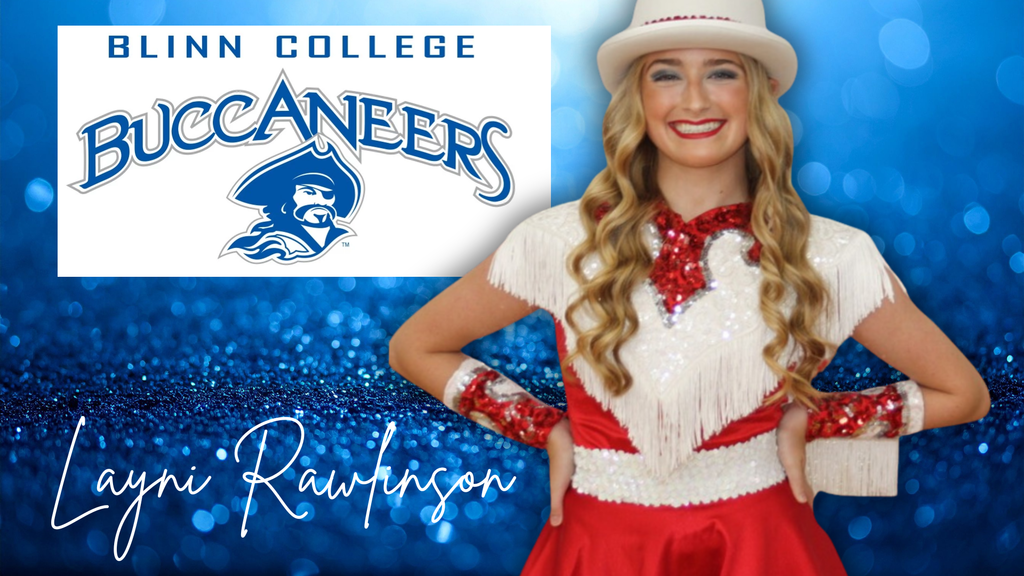 layni in her derby doll uniform by a blinn college sign with her signature underneath