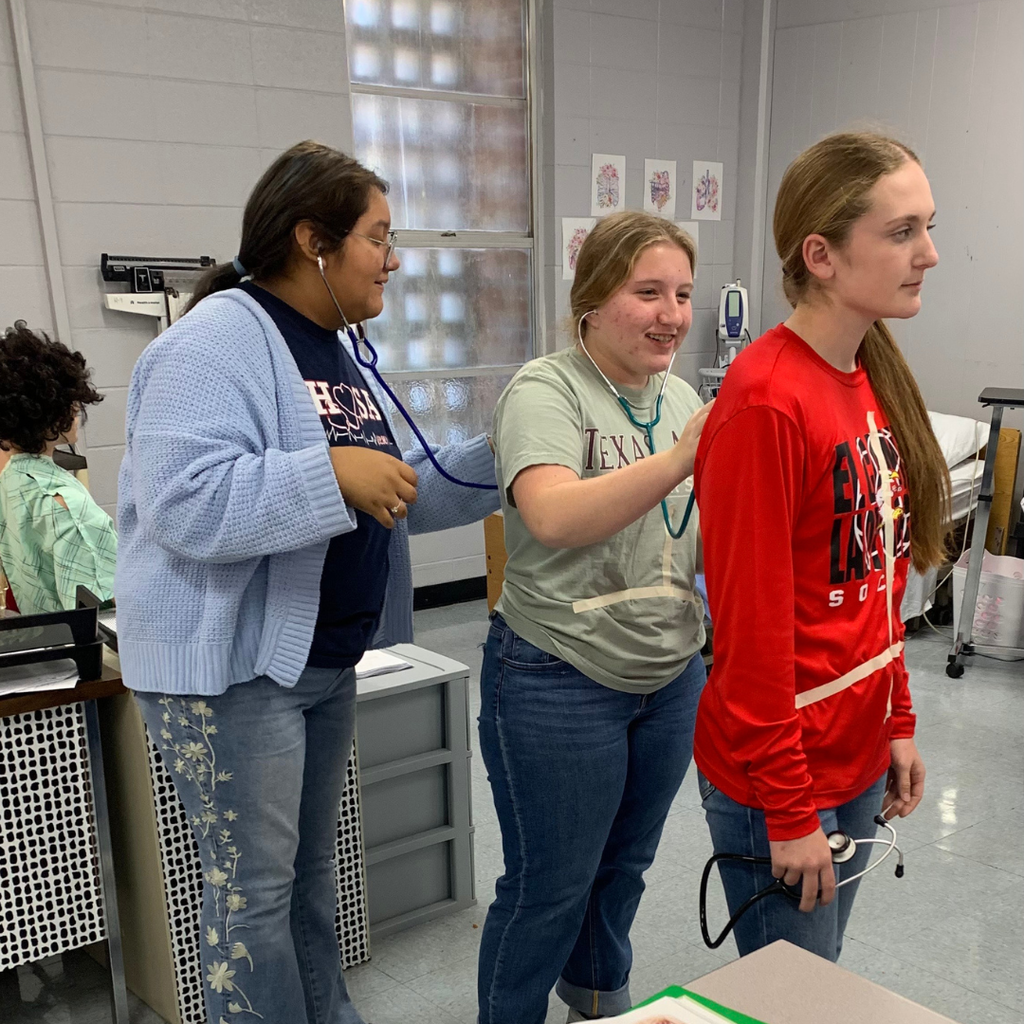 students using medical instruments to listen to their classmates lungs