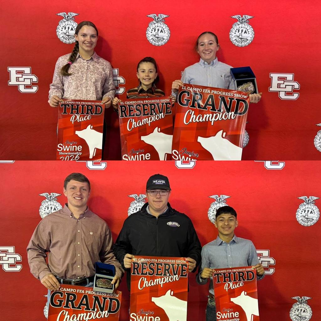 Jr. Swine Showmanship: Elizabeth Leopold, Evelyn Foust Bain, Faith Riha; Sr. Swine Showmanship: Colt Reeve, Teagan Faas, Jayden Balderas
