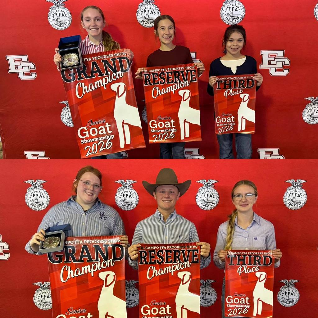 Jr. Goat Showmanship: Aubri Koudela, Paisley Ott, Adeline Chisum; Sr. Goat Showmanship: Julia Farquhar, Logan Woodruff, Raley Wied