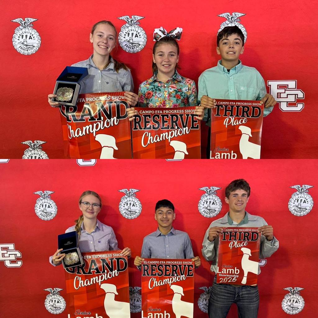 Jr. Lamb Showmanship: Addison Koudela, Riley Gibson, Lane Gibson; Sr. Lamb Showmanship: Raley Wied, Jayden Balderas, Callen Barker