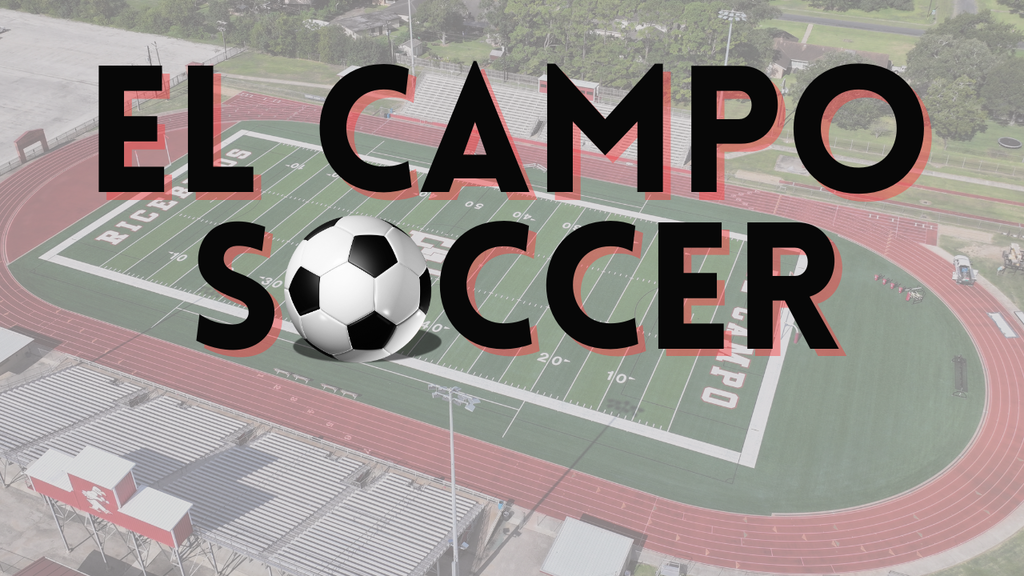 El Campo Soccer promotional graphic with a soccer ball and stadium background.