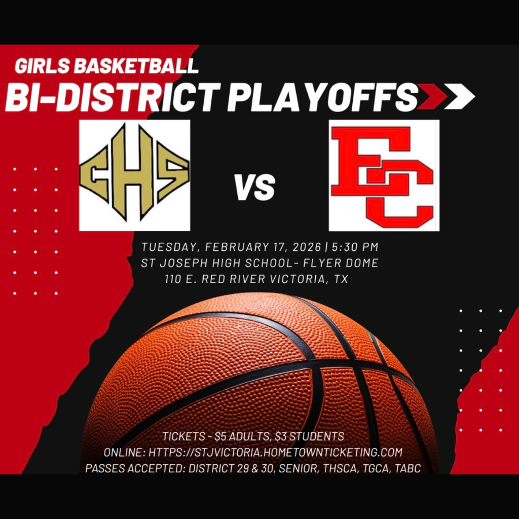 A red and black graphic for the Girls Basketball Bi-District Playoffs featuring the El Campo Ricebirds (EC) versus the Corpus Christi Calallen Wildcats (CHS). The game is scheduled for Tuesday, February 17, 2026, at 5:30 PM at the St. Joseph High School Flyer Dome in Victoria, Texas. Tickets are $5 for adults and $3 for students, available online.