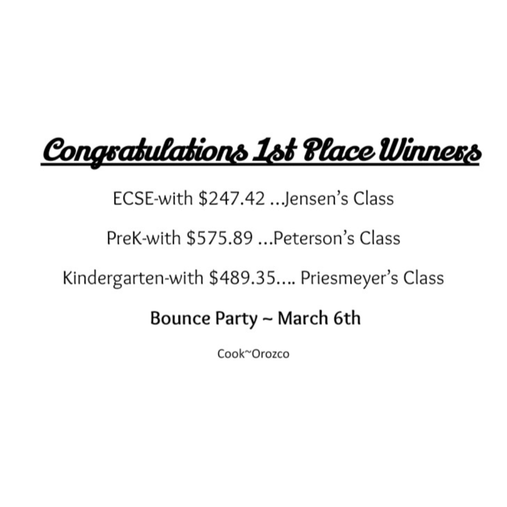 1st place winners: Jensen, Peterson, and Priesmeyer. Bounce party March 6th