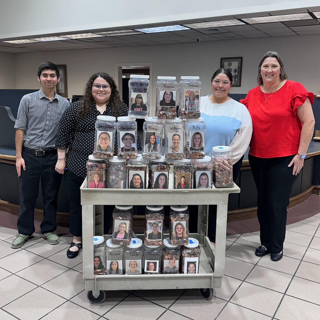 bank staff with cart full of penny jars