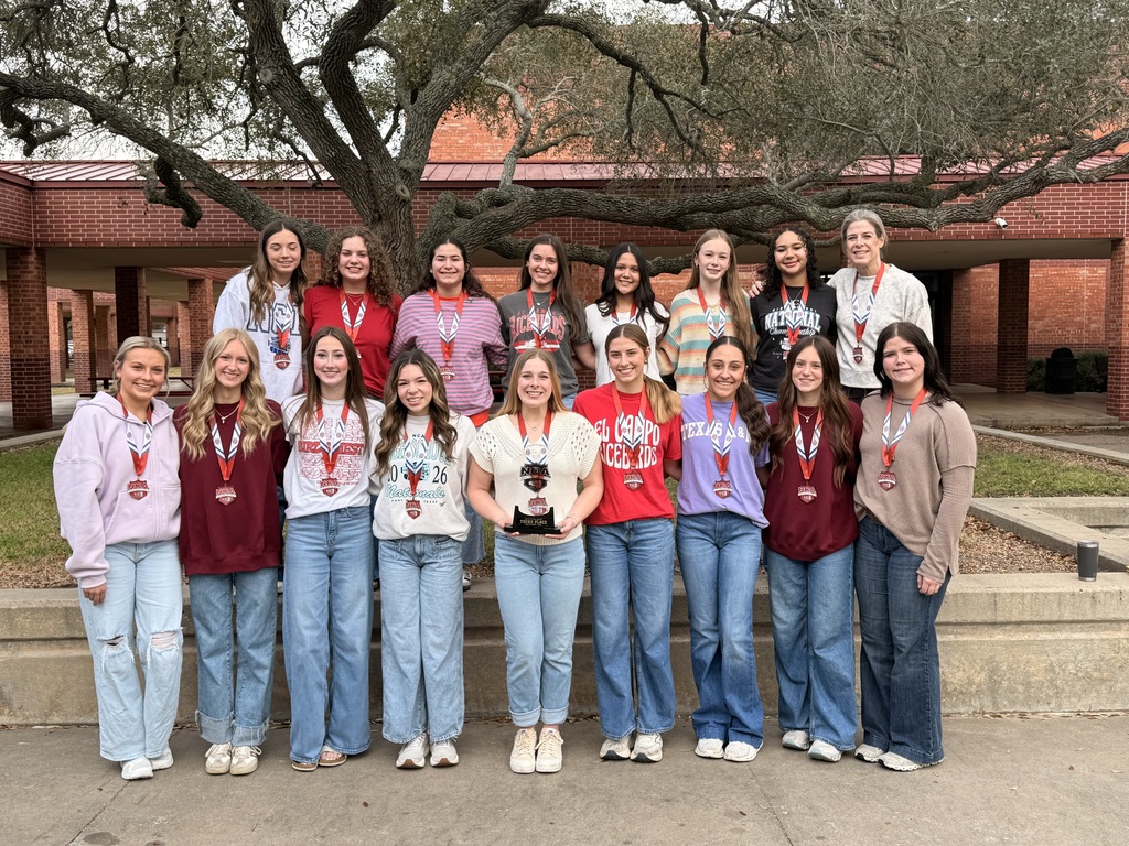 cheer squad and coach with medals and trophy