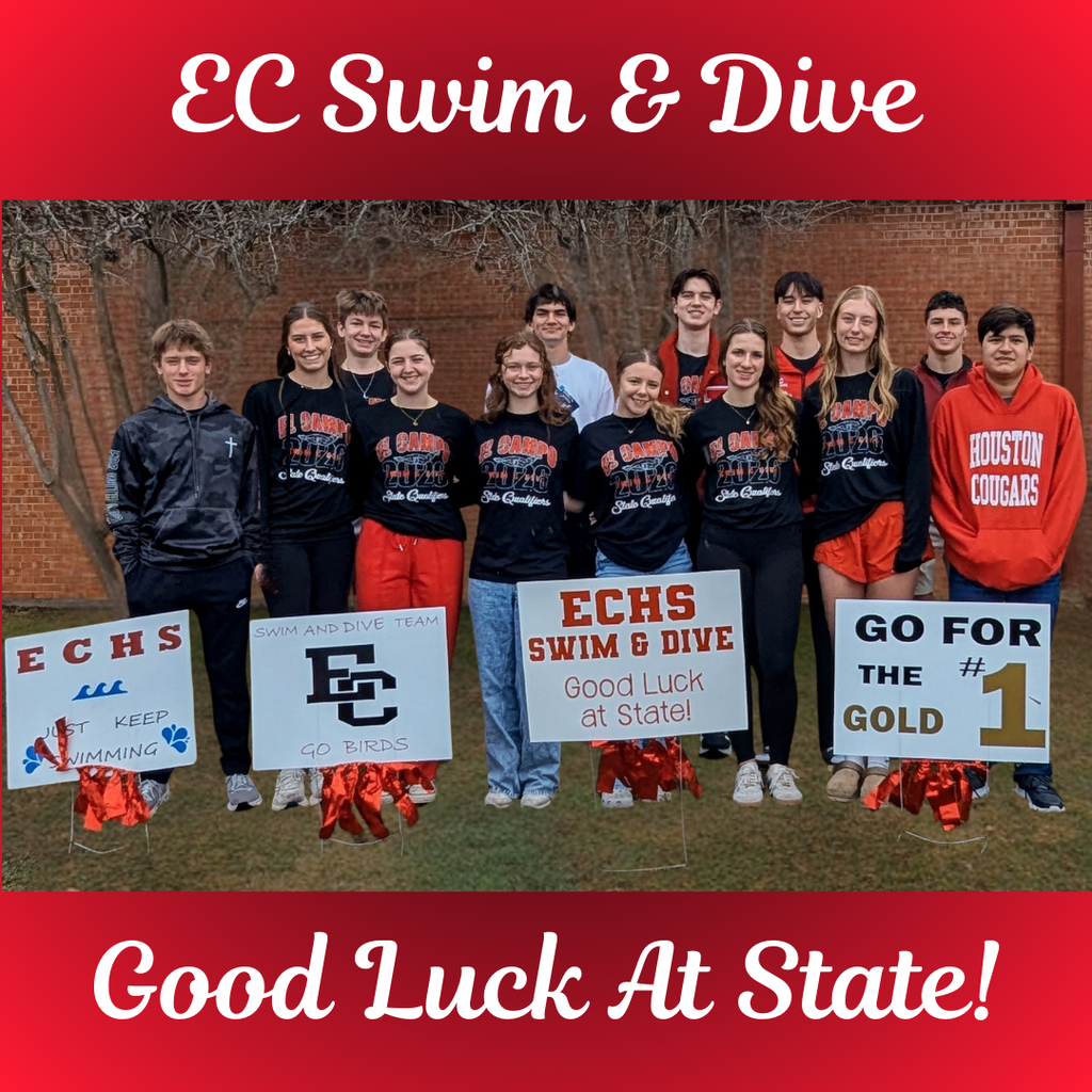A group photo of the Swim and Dive team standing outdoors by good luck and go for the gold signs. The athletes are wearing matching black and red team apparel. The image features text that reads "EC Swim & Dive" and "Good Luck At State!"