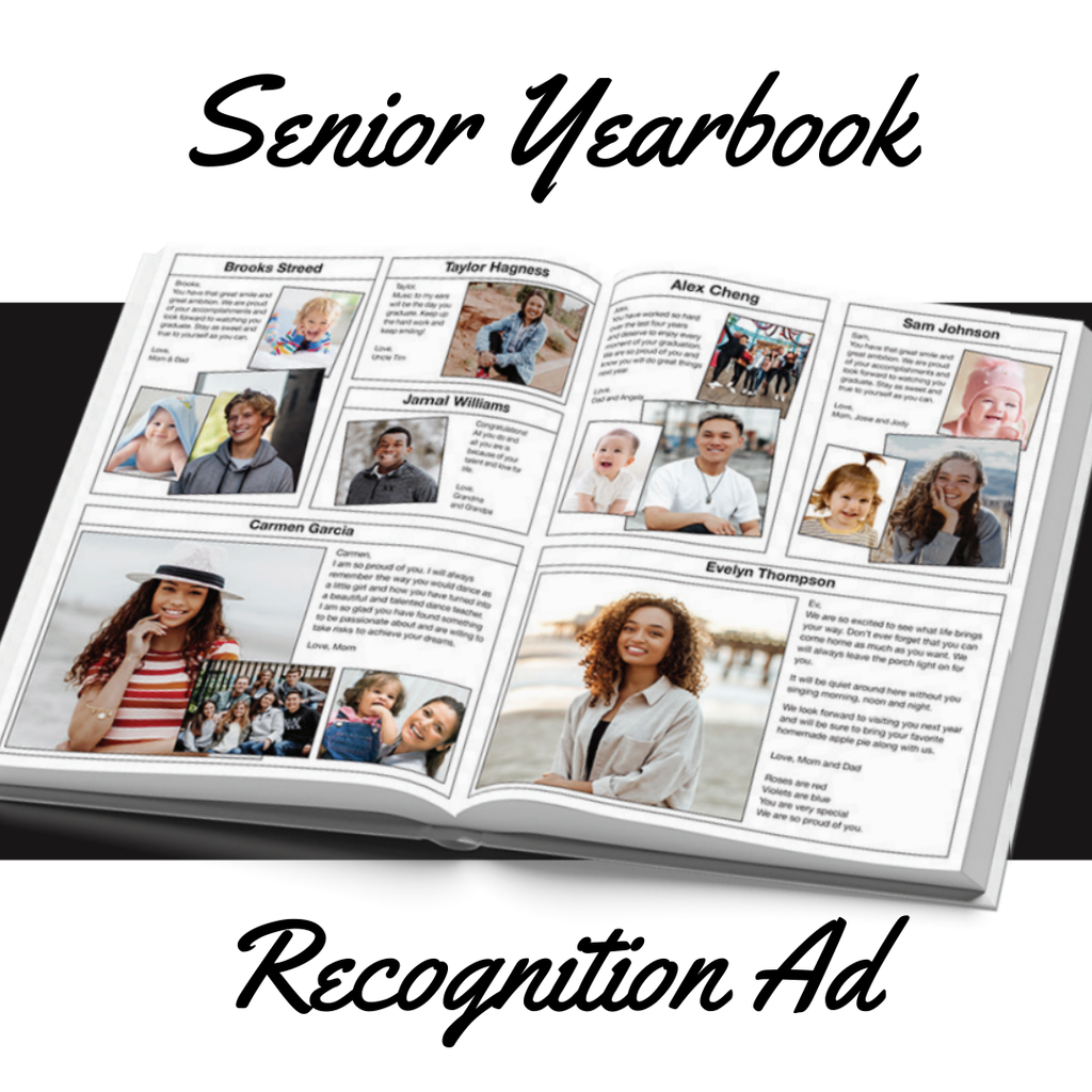 A promotional graphic for "Senior Yearbook Recognition Ad" featuring a collage of sample yearbook pages. The pages show various seniors with their baby photos, graduation portraits, and heartfelt tribute messages from their families. The text "Senior Yearbook" is at the top in a script font, and "Recognition Ad" is at the bottom.