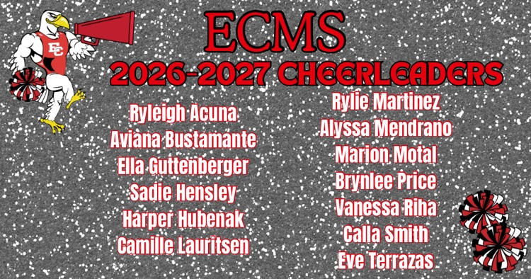 2026-2027 CHEERLEADERS Left Column: Ryleigh Acuna Aviana Bustamante Ella Guttenberger Sadie Hensley Harper Hubenak Camille Lauritsen Right Column: Rylie Martinez Alyssa Mendrano Marion Motal Brynlee Price Vanessa Riha Calla Smith Eve Terrazas