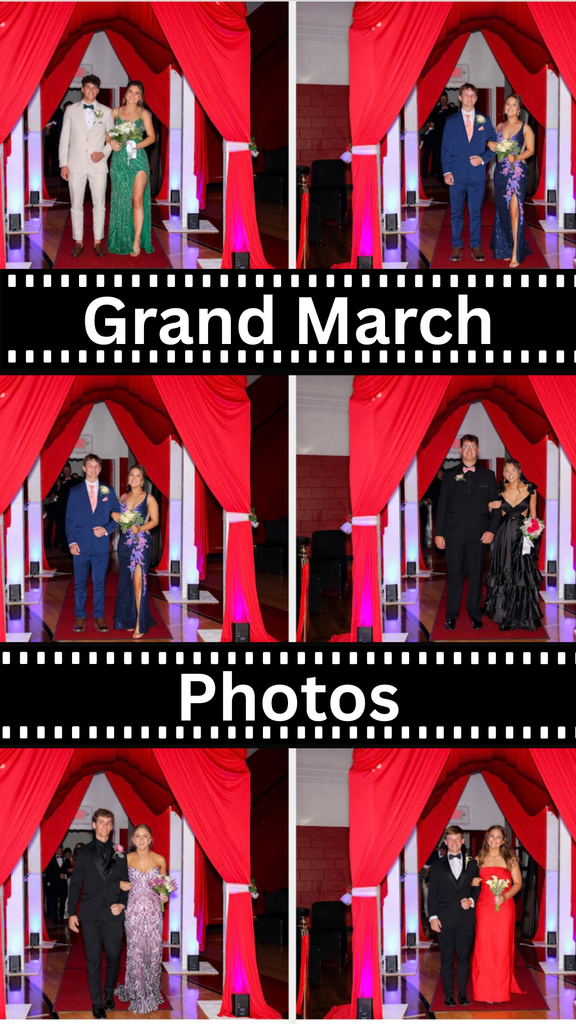 six small photos of couples at prom with the words "grand March Photos"
