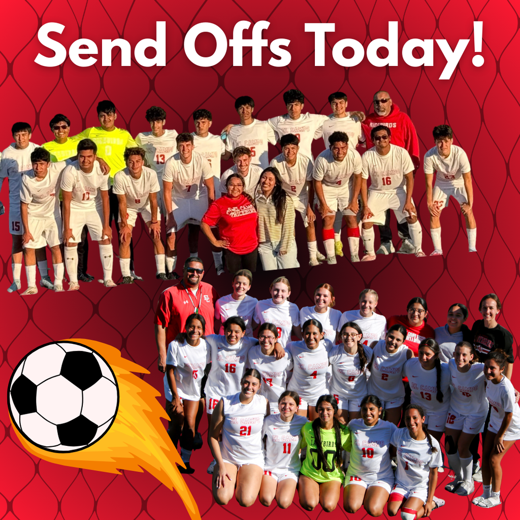 A graphic titled "Send Offs Today!" featuring a group photo of the El Campo high school boys and girls soccer teams posing together on a field. The background is a vibrant red with a soccer ball trailing orange flames in the bottom left corner.