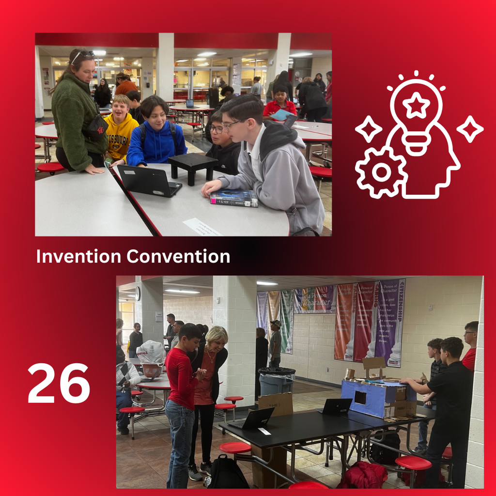 A red and white graphic for the El Campo MS Invention Convention featuring two photos of students. The top photo shows students and a teacher gathered around a laptop, while the bottom photo shows students presenting a project at a table. A white icon of a head with a lightbulb and gears is positioned on the right, and a large white number 26 is in the bottom left.