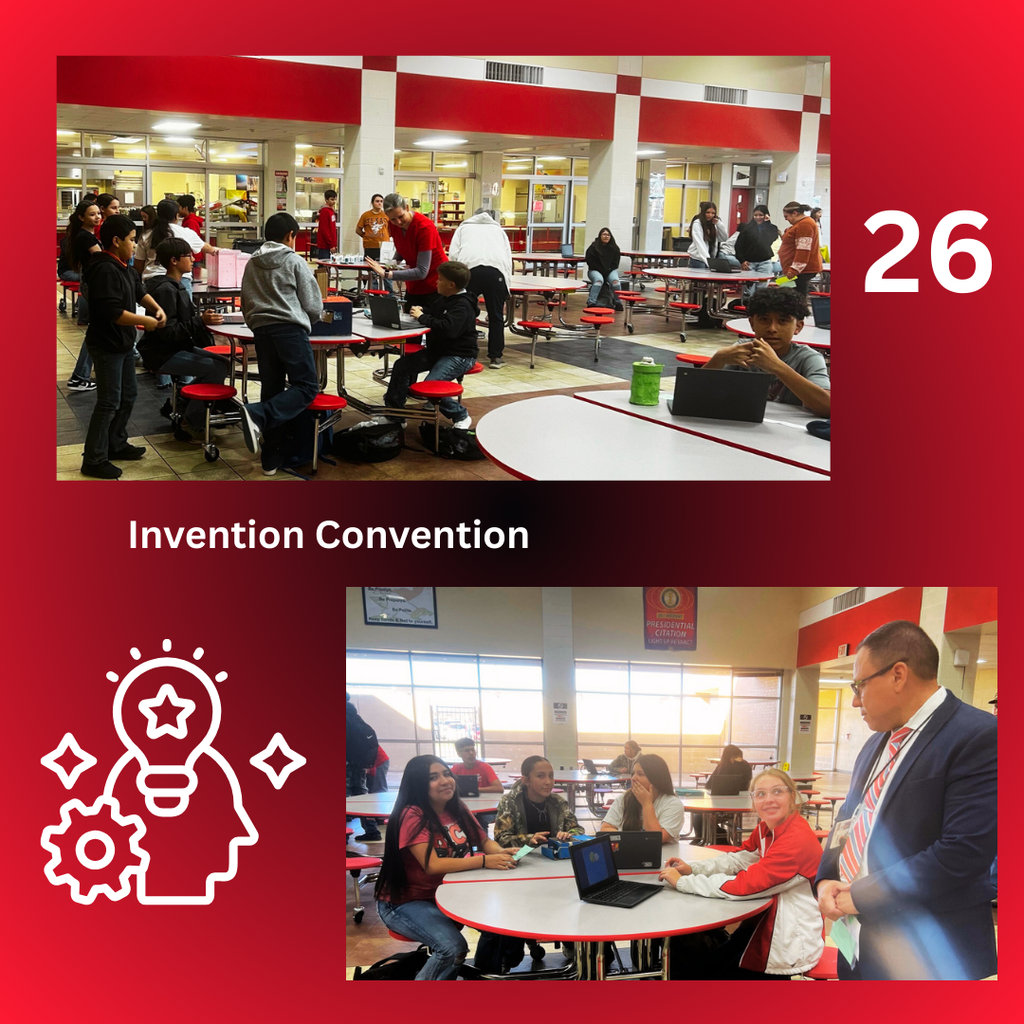 A red and white graphic for the El Campo MS Invention Convention featuring two photos of students. The top photo shows students and a teacher gathered around a laptop, while the bottom photo shows students presenting a project at a table. A white icon of a head with a lightbulb and gears is positioned on the right, and a large white number 26 is in the bottom left.