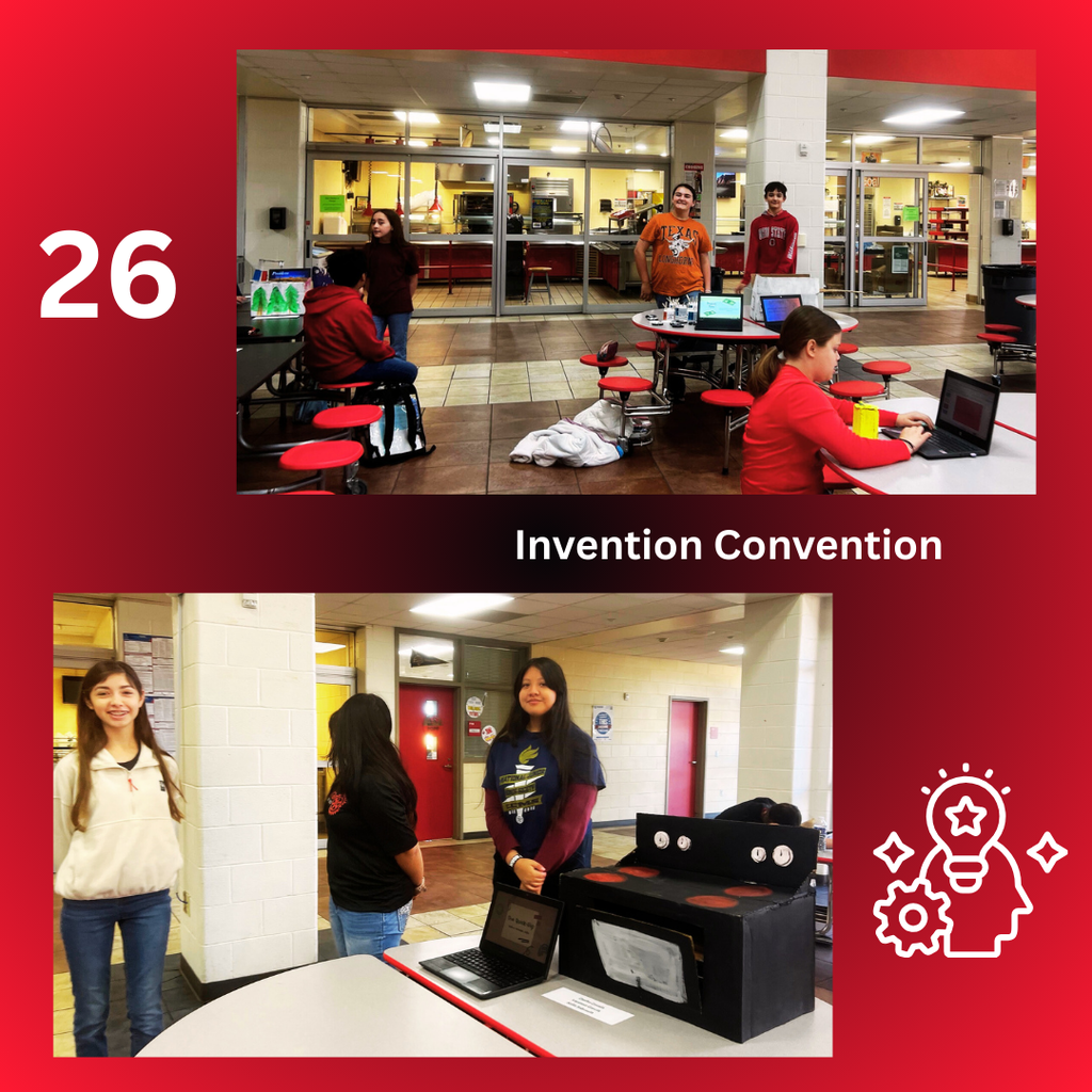 A red and white graphic for the El Campo MS Invention Convention featuring two photos of students. The top photo shows students and a teacher gathered around a laptop, while the bottom photo shows students presenting a project at a table. A white icon of a head with a lightbulb and gears is positioned on the right, and a large white number 26 is in the bottom left.
