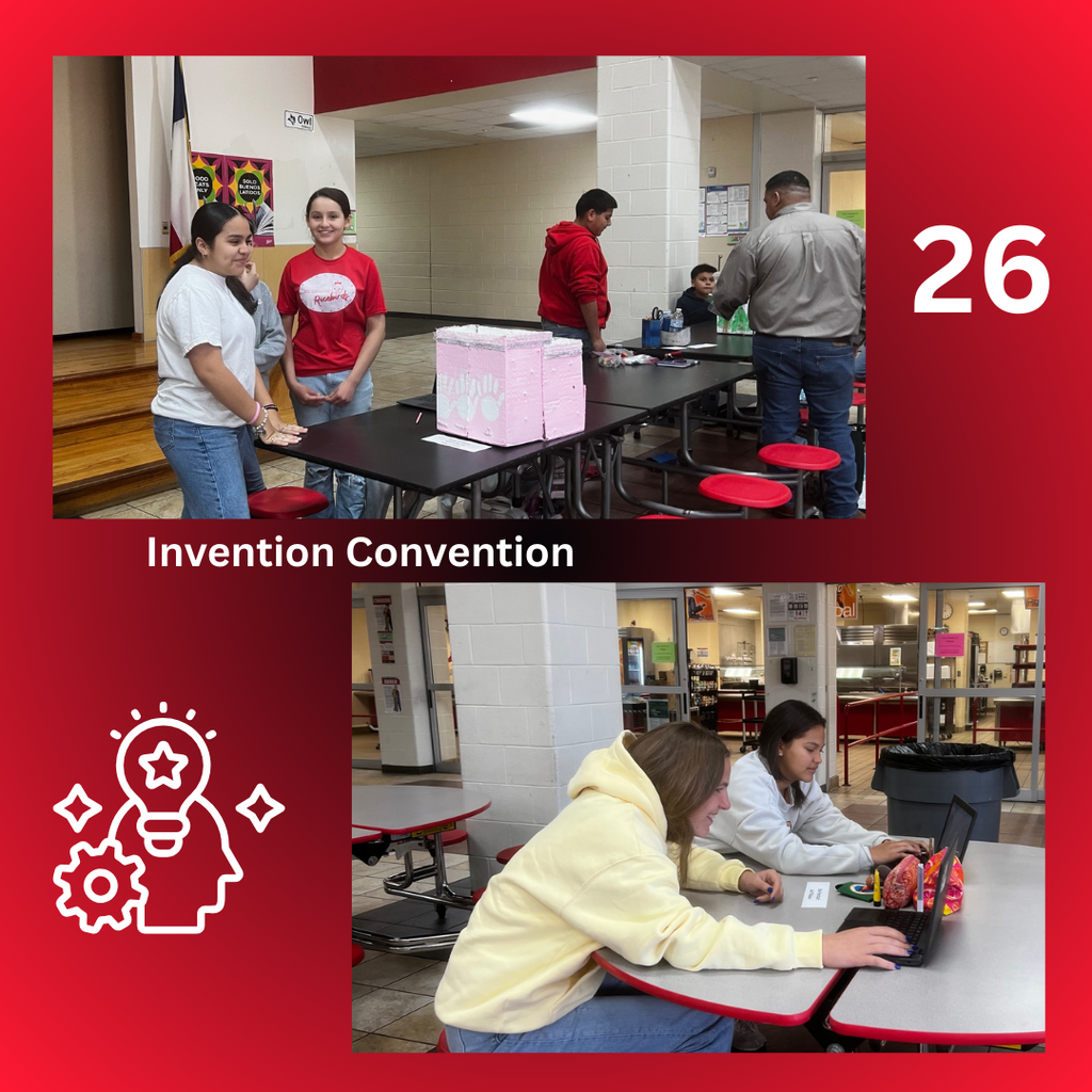A red and white graphic for the El Campo MS Invention Convention featuring two photos of students. The top photo shows students and a teacher gathered around a laptop, while the bottom photo shows students presenting a project at a table. A white icon of a head with a lightbulb and gears is positioned on the right, and a large white number 26 is in the bottom left.