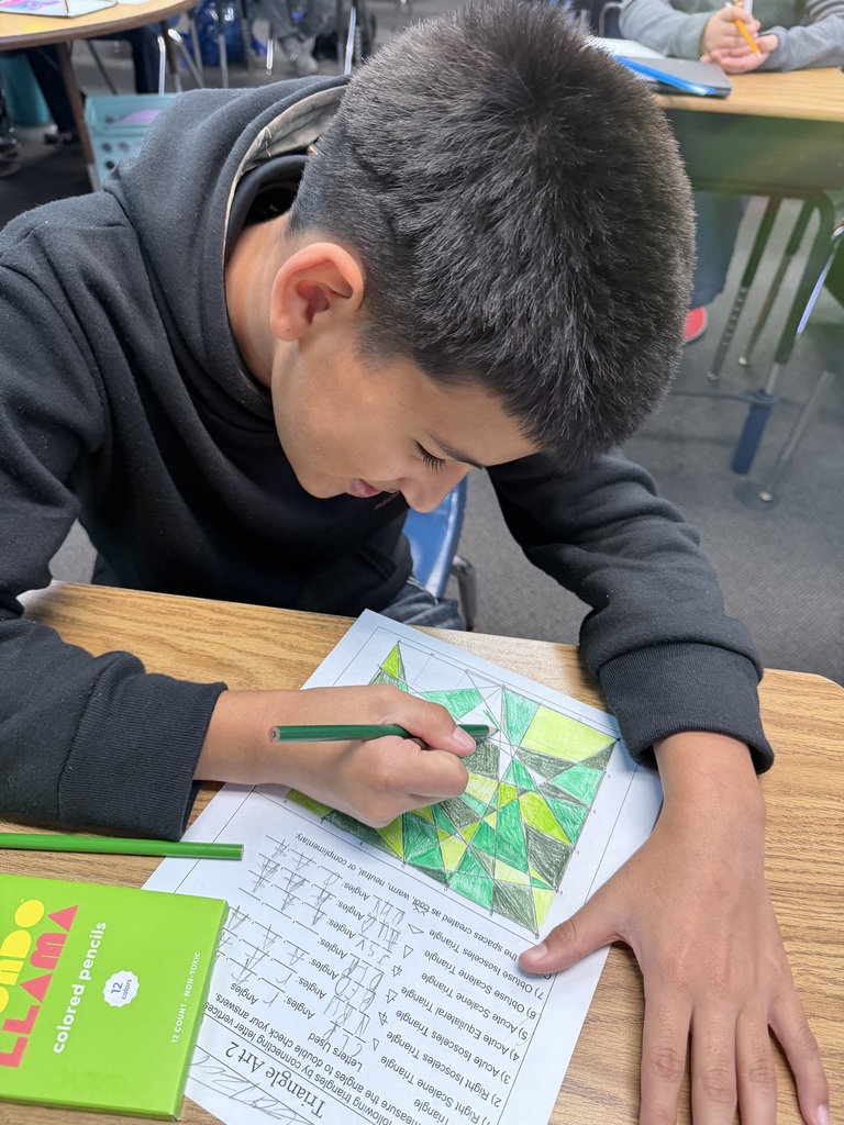 A young male student at a wooden desk focusing intently on a math-art project. He is using a green colored pencil to shade in a geometric mosaic consisting of various types of triangles on a worksheet titled "Triangle Art."