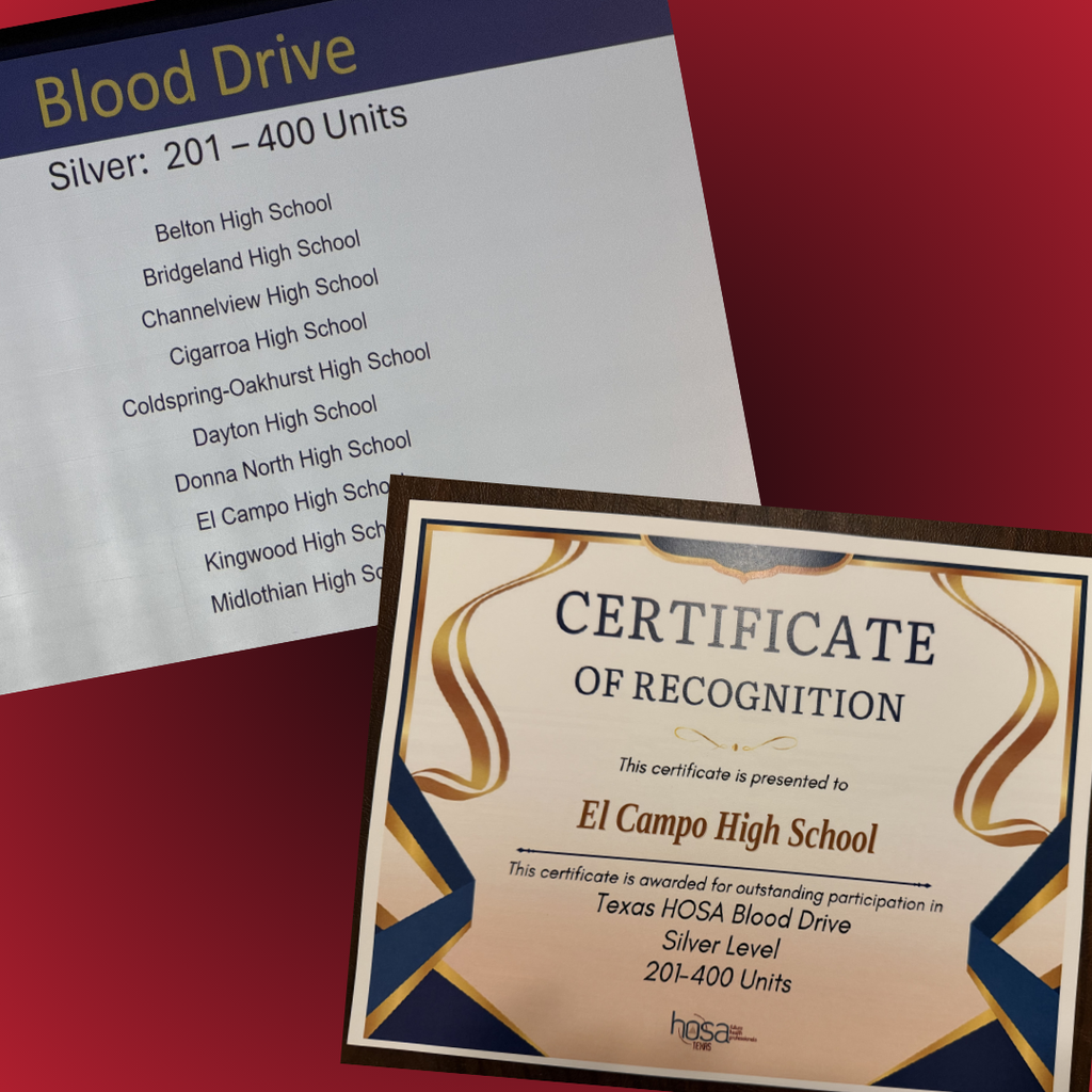 list of silver blood drive donors which includes El Campo High school and then certificate they were given