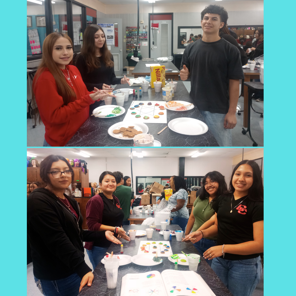 Two photos of Cosmetology students in a classroom collaborating on a color theory project using edible materials