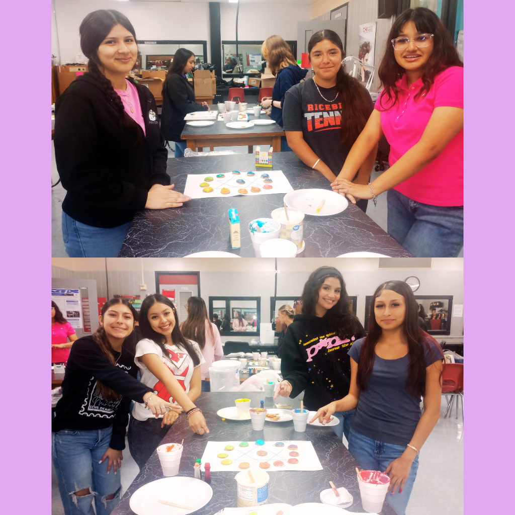 Two photos of Cosmetology students in a classroom collaborating on a color theory project using edible materials