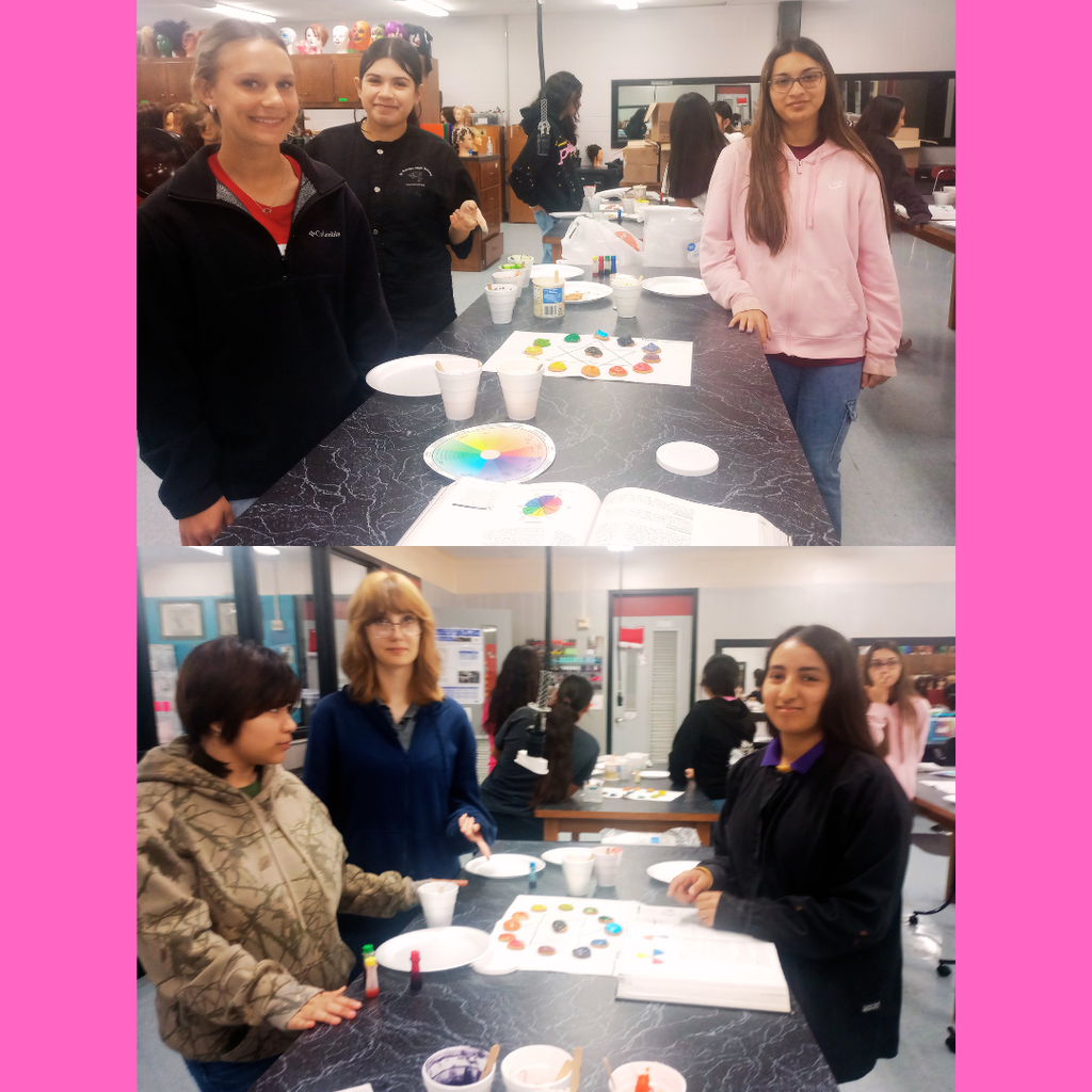 Two photos of Cosmetology students in a classroom collaborating on a color theory project using edible materials