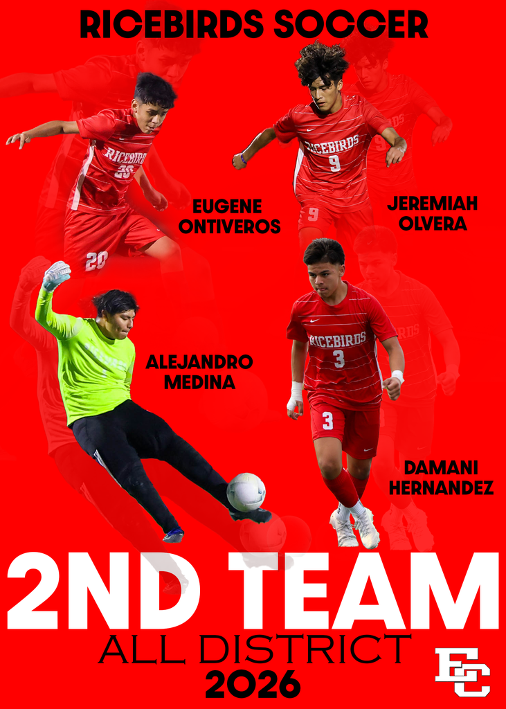 2026 Ricebirds Soccer 2nd Team All-District honorees: Alejandro Medina, Eugene Ontiveros, Damani Hernandez, and Jeremiah Olvera.