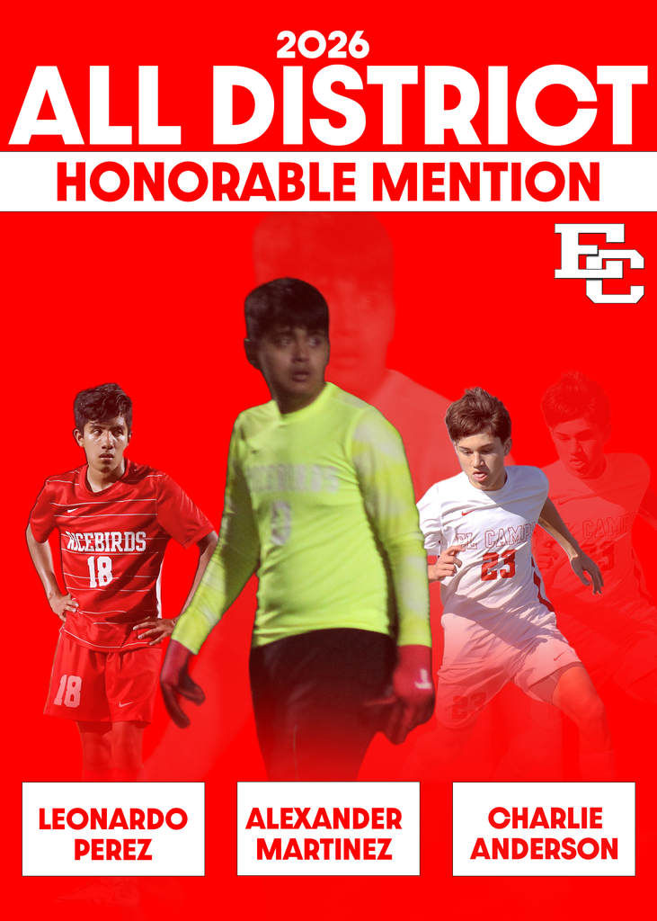 2026 All District Honorable Mention graphic for Ricebird Soccer featuring Leonardo Perez, Alexander Martinez, and Charlie Anderson.