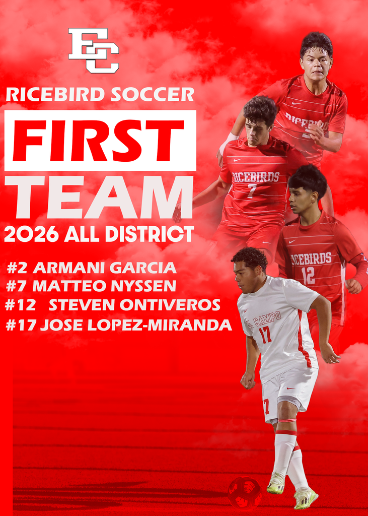Ricebird Soccer First Team 2026 All-District graphic featuring Armani Garcia, Matteo Nyssen, Steven Ontiveros, and Jose Lopez-Miranda.