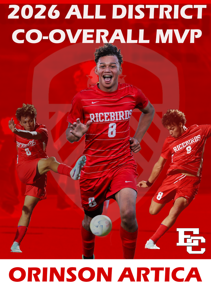 2026 All District Co-Overall MVP graphic for Ricebird soccer player Orinson Artica.