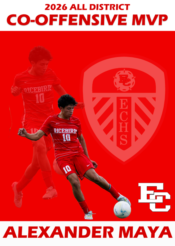 2026 All District Co-offensive MVP graphic for Ricebird soccer player alexander maya