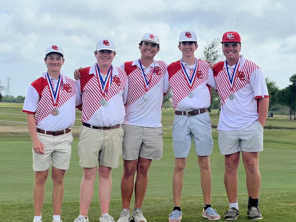 5 boy golfers in uniform wearing 2nd place medals; 2 of the boys are wearing an extra medal for their 2nd and 3rd place individual finishes